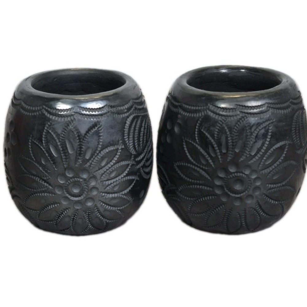 Mexican Oaxaca Carved Black Clay Pottery Shot Glasses Candle Holder Set of 2